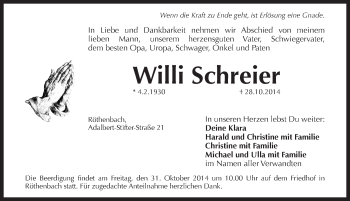Traueranzeige von Willi Schreier von Pegnitz-Zeitung